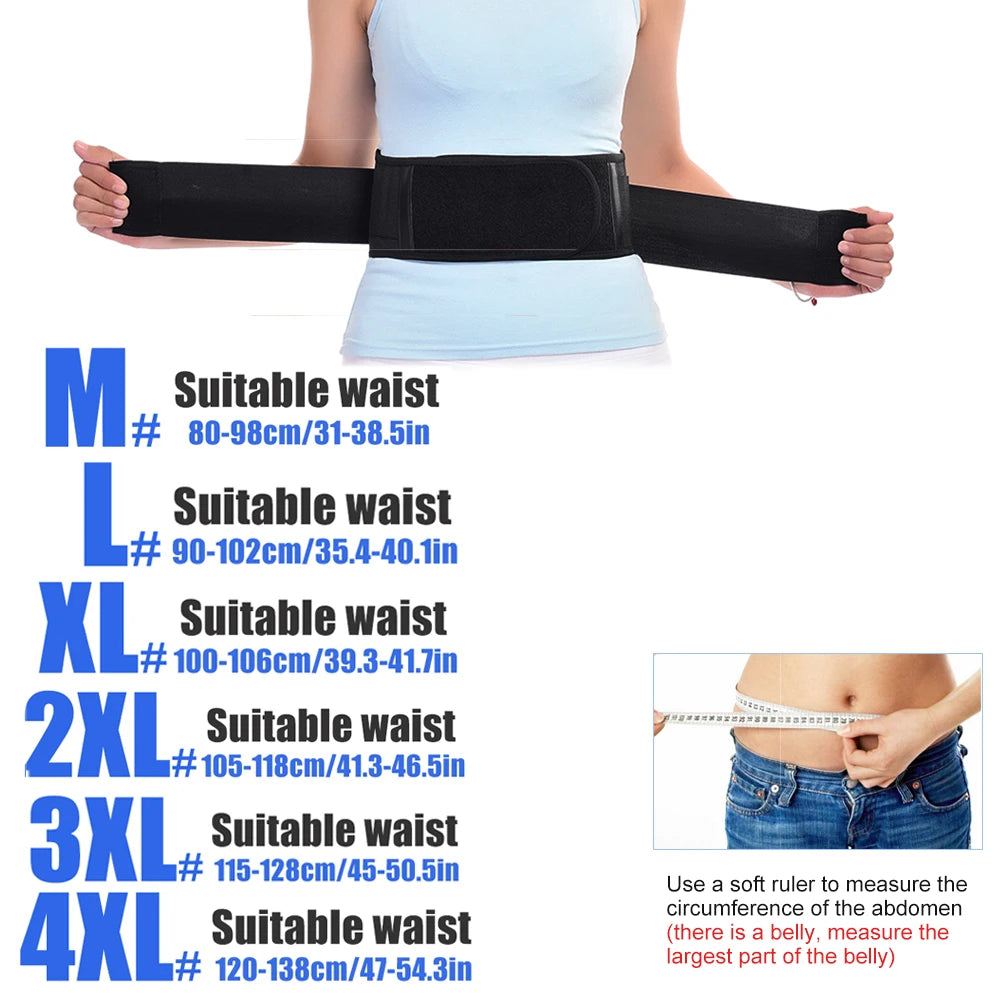 A woman is wearing a black magnetic therapy waist belt for lumbar support, shown with size options.