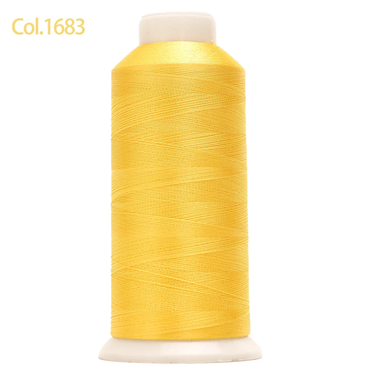 A spool of gold yellow high tenacity machine embroidery thread labeled Col.1683