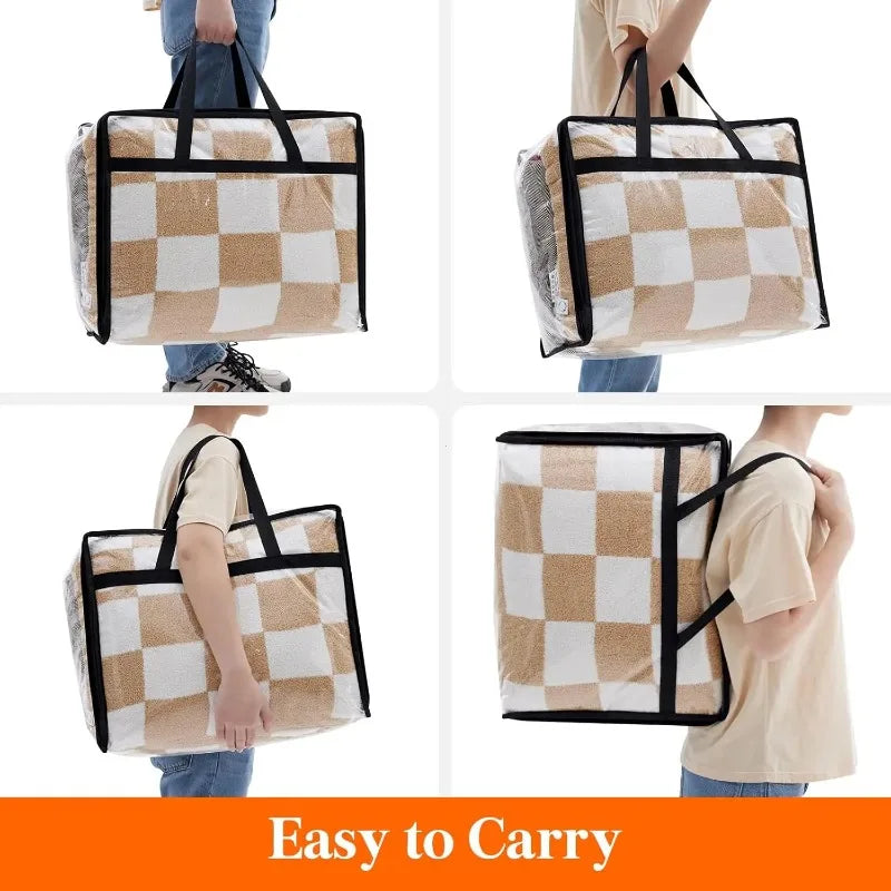 A beige and white checkered storage bag being held by a person, showing its size and texture.