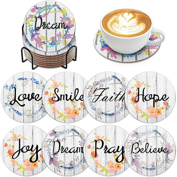 An assortment of eight decorative diamond painting coasters featuring floral and nature designs.