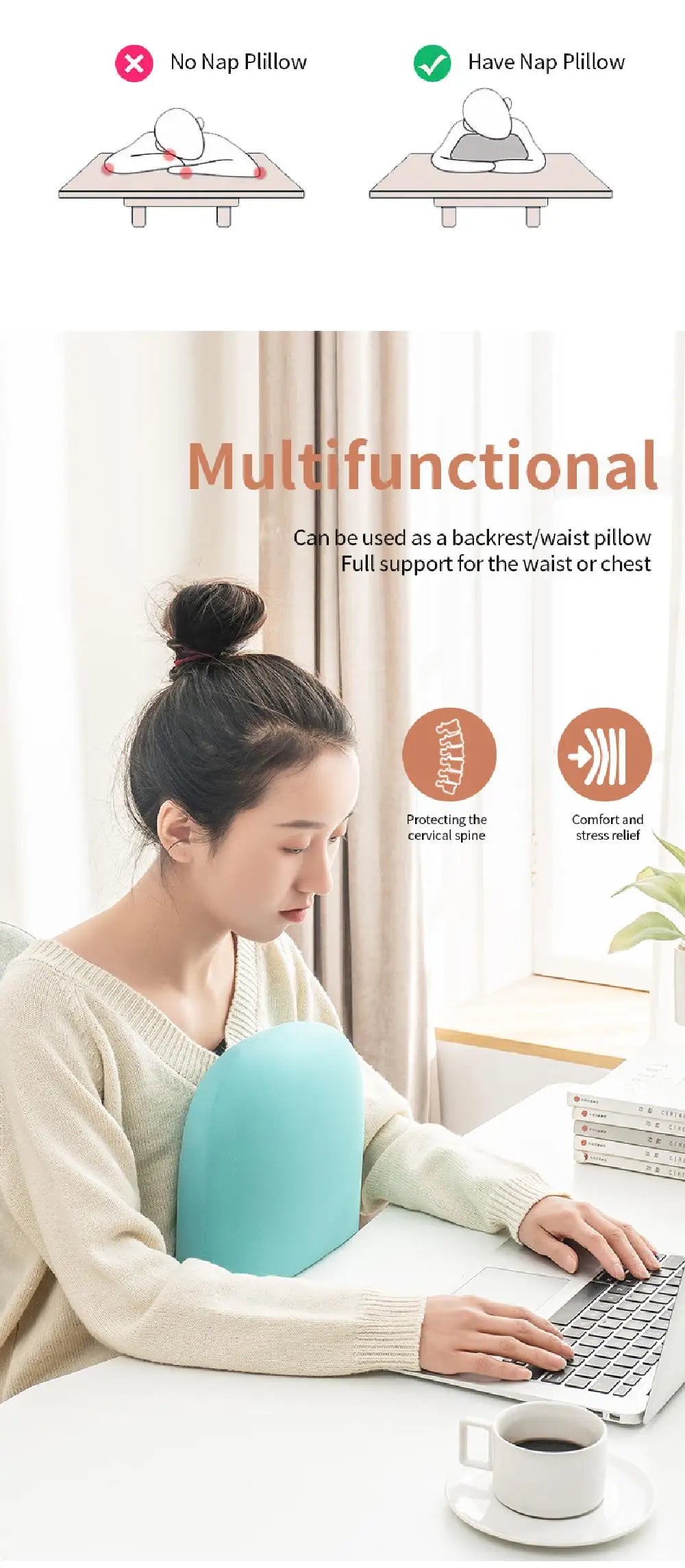 A woman is using a light blue multifunctional memory foam pillow for support while working on a laptop.