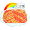 A ball of orange yarn labeled as 14-ply yarn is shown in a white cloud with a rainbow background.