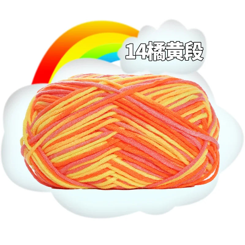 A ball of orange yarn labeled as 14-ply yarn is shown in a white cloud with a rainbow background.