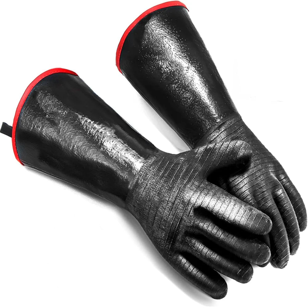 A pair of black heat-resistant oven gloves with red accents, shown in a close-up view.
