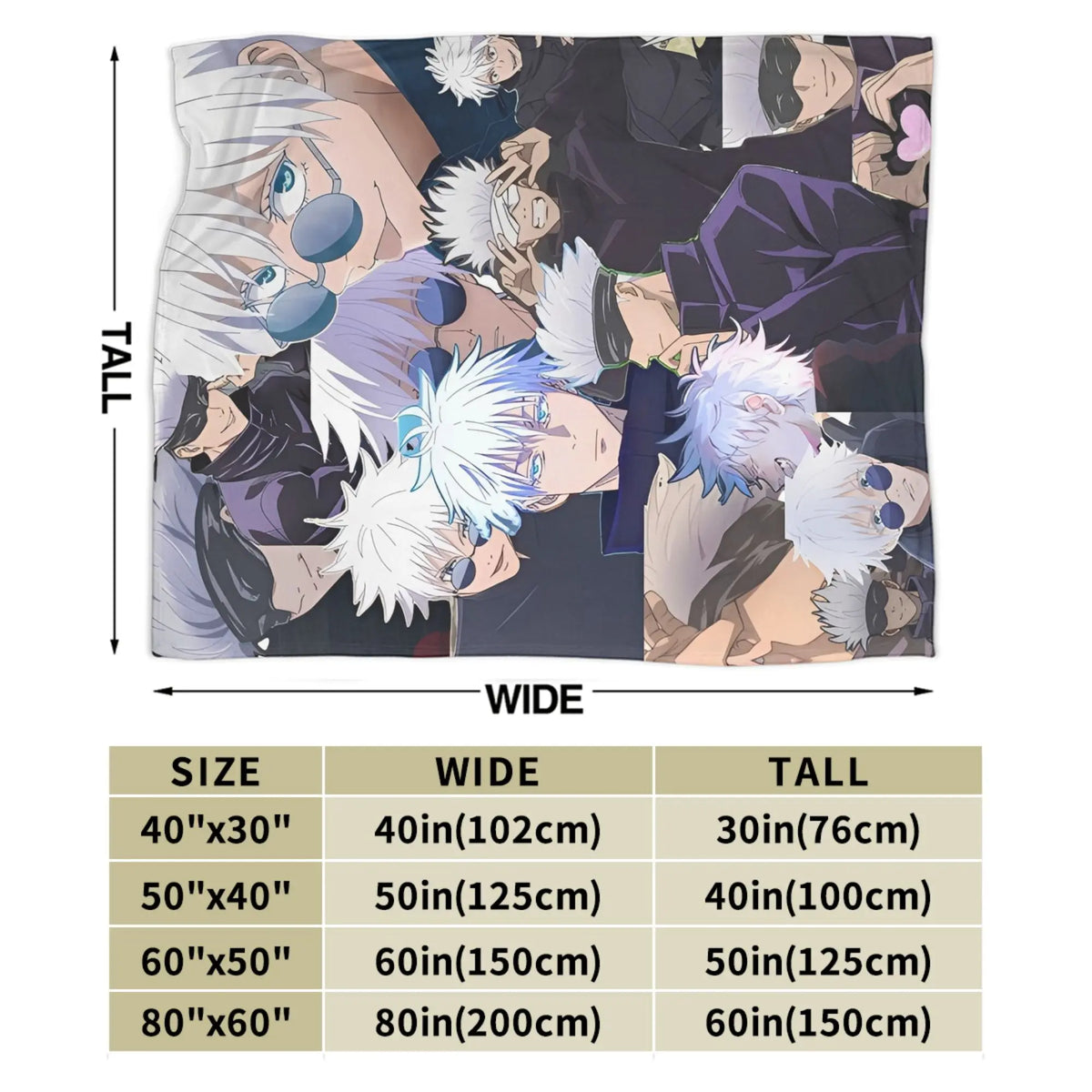 A dark flannel throw blanket featuring characters from Jujutsu Kaisen, including Gojo Satoru.