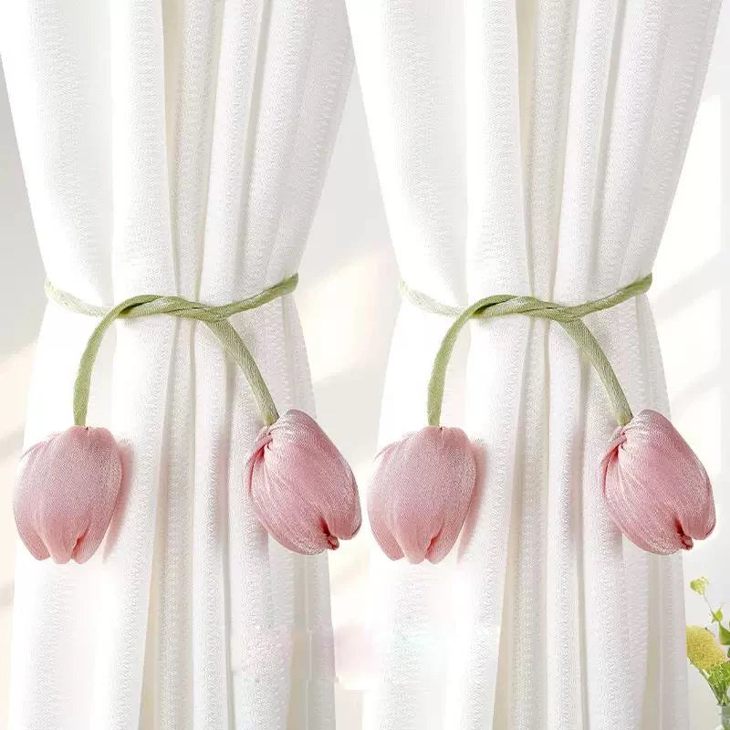 Pink tulip flower curtain tie backs with green fabric ties on white sheer curtains
