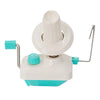 A white hand operated wool yarn winder with a teal base and a metal handle.