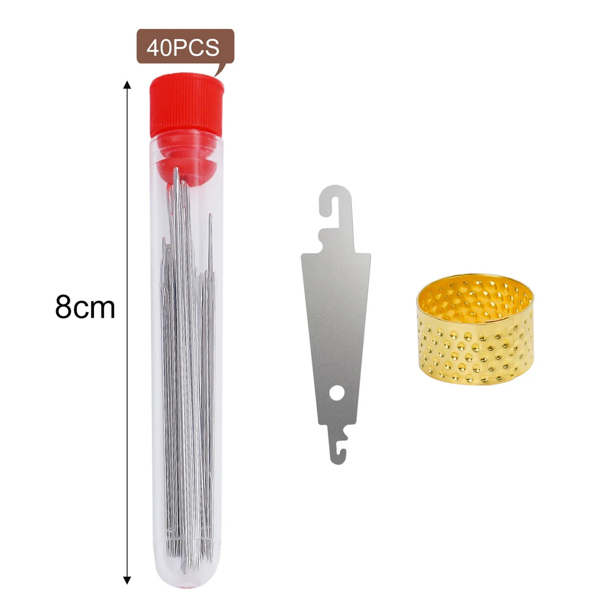 A set of 40 stainless steel big-eye sewing needles in a clear tube with a red cap and a gold-colored metal ring.