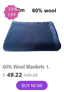 A dark blue wool blanket shown flat, with a 55% off tag and a 60% wool composition.