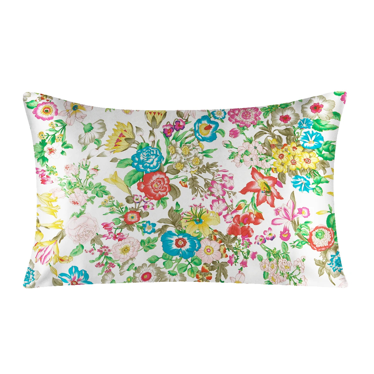 A square silk pillowcase featuring a vibrant floral print with pink, blue, and yellow flowers on a white background.
