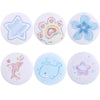 A set of five tinplate pin brooches featuring various animal and music-themed designs like a star, a heart, a flower, a pink 
