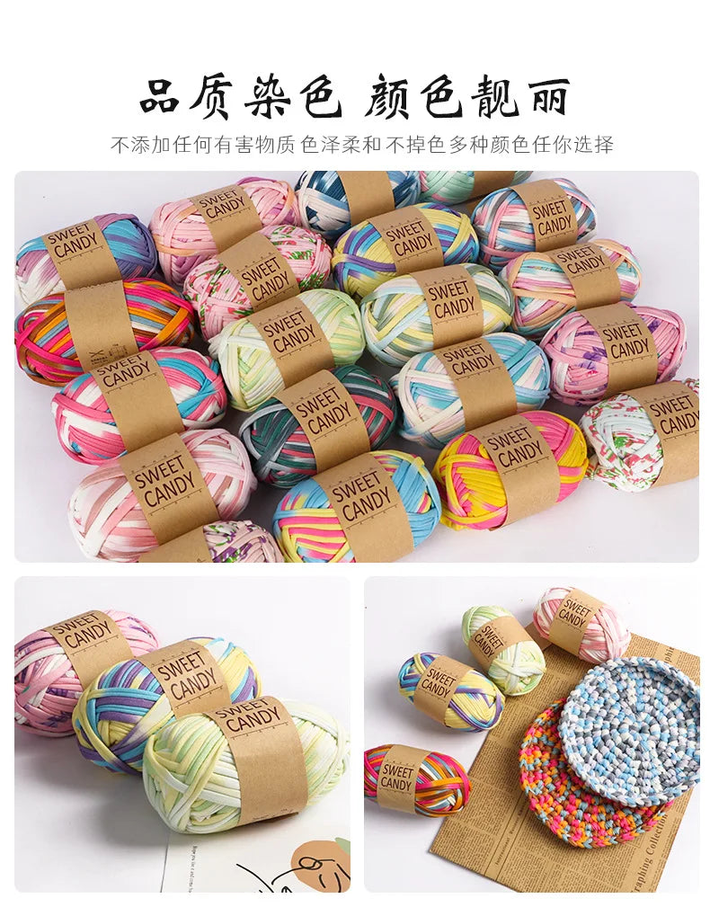Assortment of hand-dyed fabric strip yarn in various colors and patterns for crochet and knitting projects