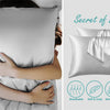A close-up of a woman holding a silky satin pillow cover, showcasing its smooth texture and luxurious appearance.