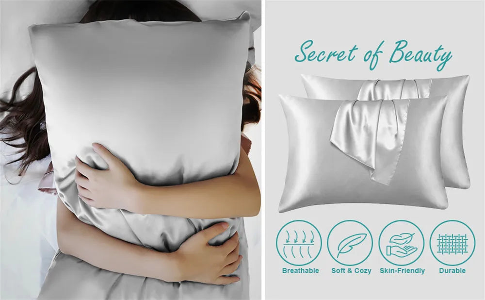A close-up of a woman holding a silky satin pillow cover, showcasing its smooth texture and luxurious appearance.
