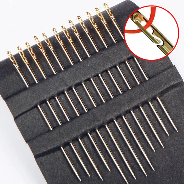 A black case containing a set of precision self-threading sewing needles with a magnified view of the needle tip