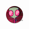An enamel pin featuring a stylized, green-skinned alien character with large pink eyes.
