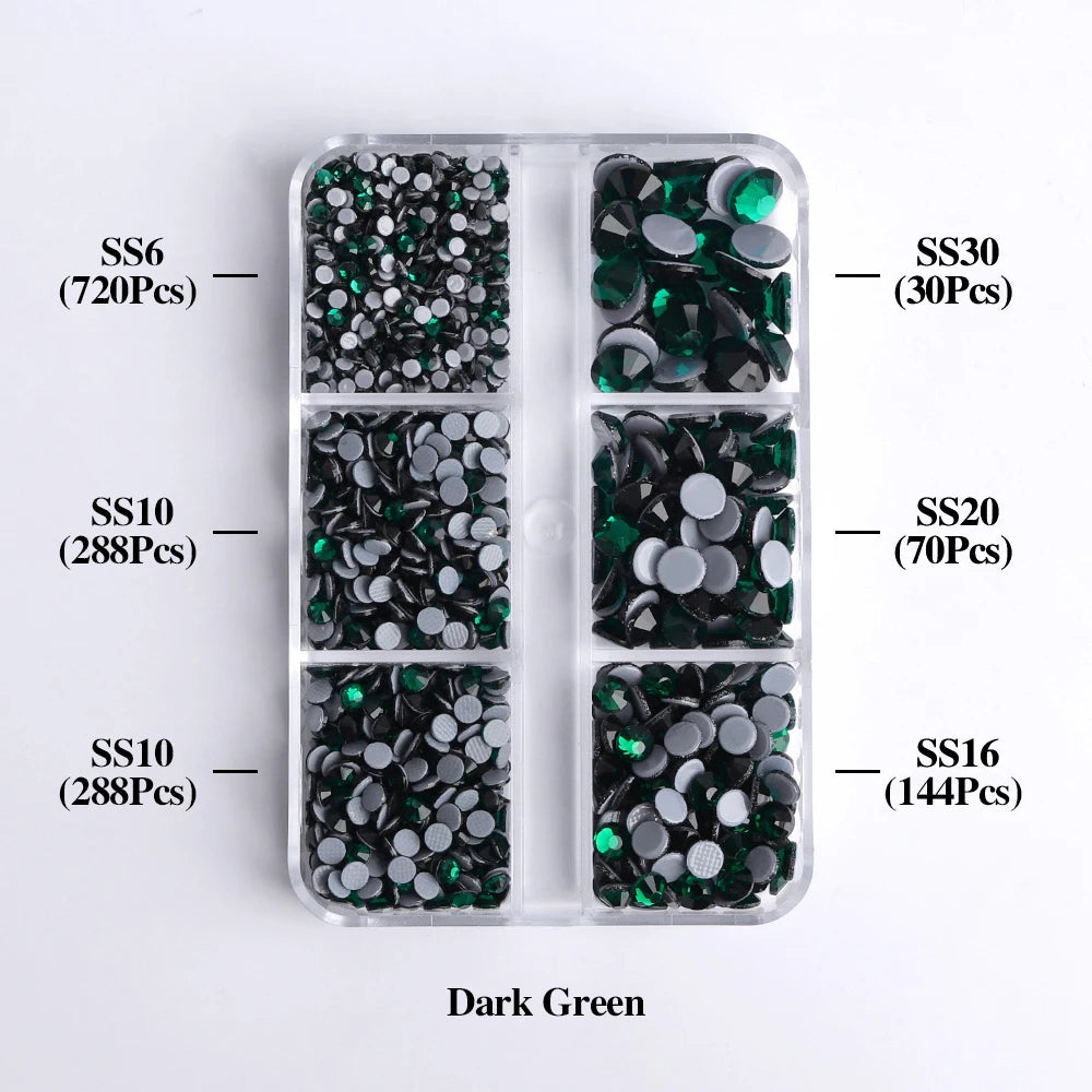 A clear plastic tray containing various sizes of dark green glass rhinestones categorized by SS6, SS10, SS10, SS30, SS20, and