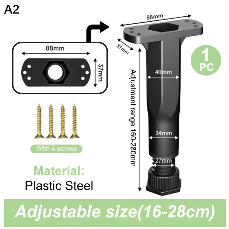 A set of adjustable plastic steel furniture support legs with an 88mm diameter and a range of 16-28cm.