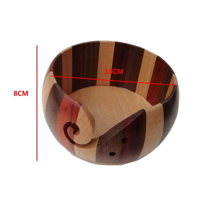 A wooden yarn bowl with a striped pattern, showing its dimensions and spiral design.