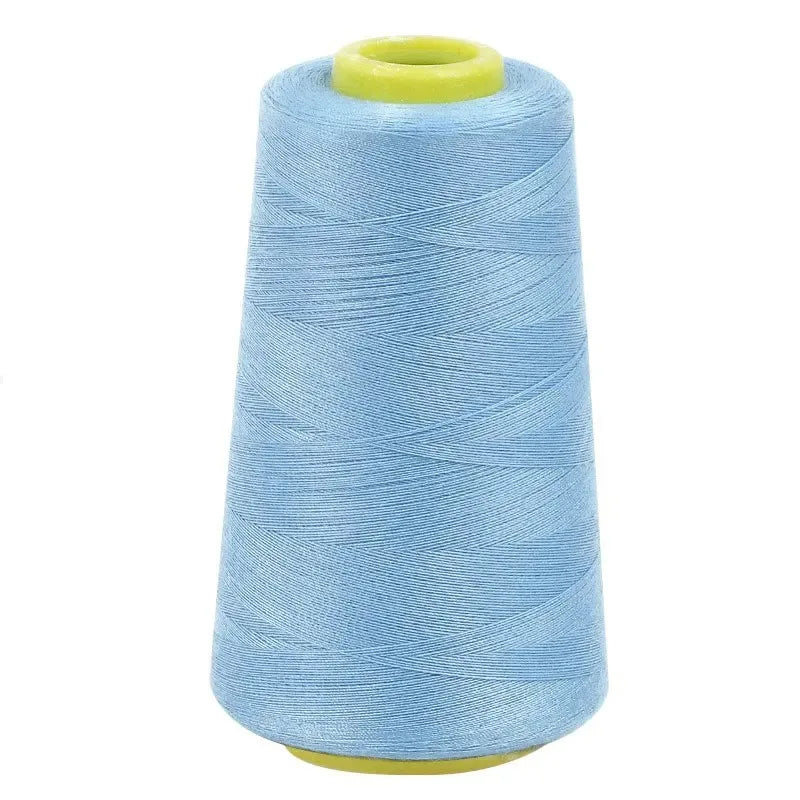 A roll of light blue premium sewing thread with a yellow core.
