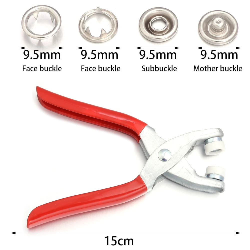 A pair of red-handled pliers is shown next to various iron snap buttons including face buckle, subbuckle, and mother buckle.