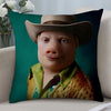 A decorative throw pillow featuring a portrait of a man wearing a brown cowboy hat and a green shirt.