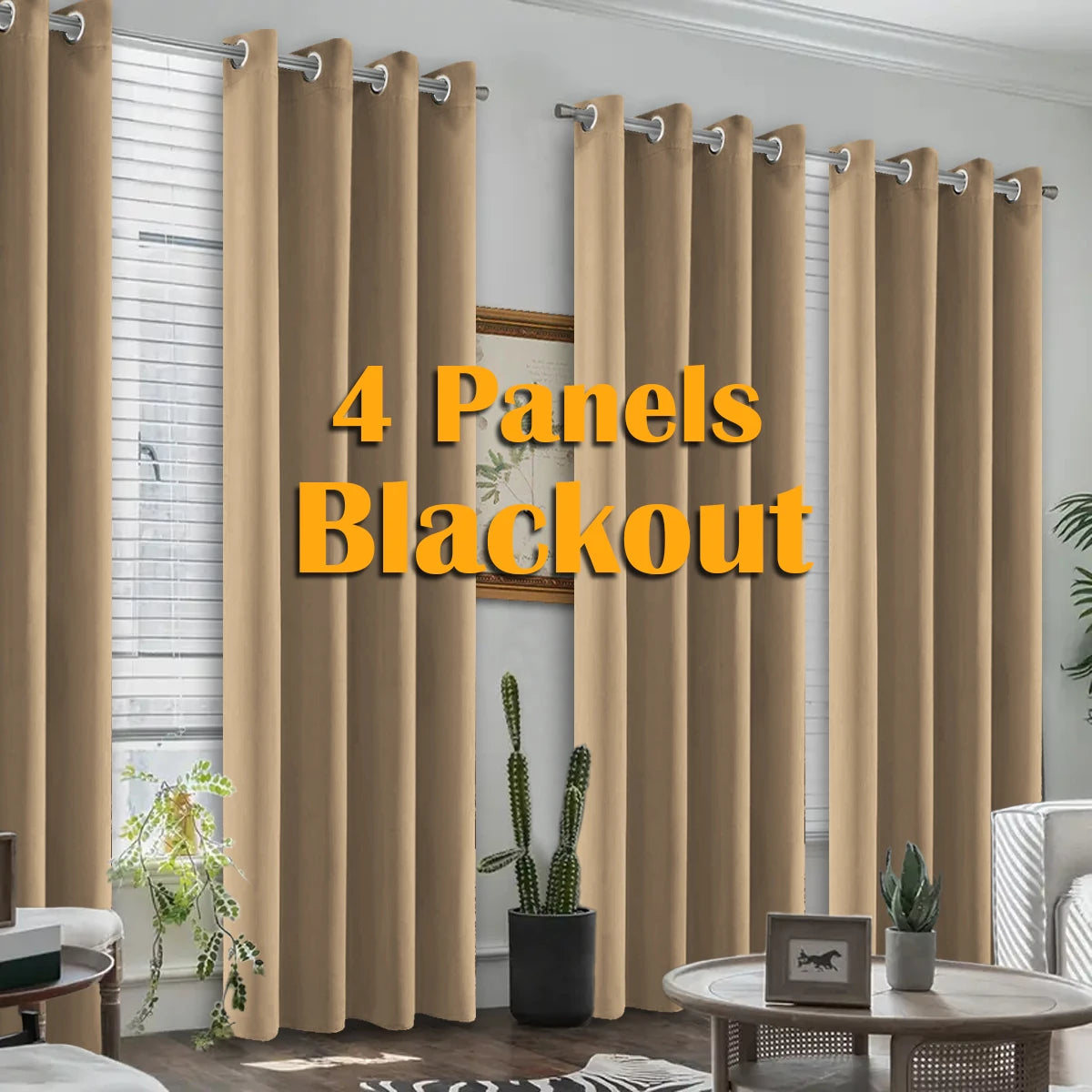 Four panels of beige blackout curtains hanging in a window frame.