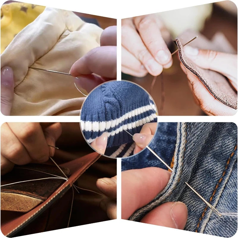 Close-up shots showing stainless steel hand sewing needles being used to stitch fabric and denim.