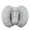 Gray baby head and neck support pillow designed for use in strollers and car seats