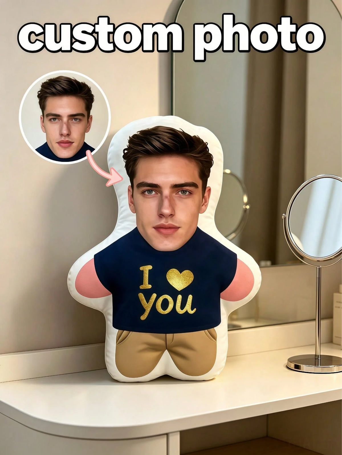A custom photo face pillow featuring a man's portrait with the text I love you on the chest.