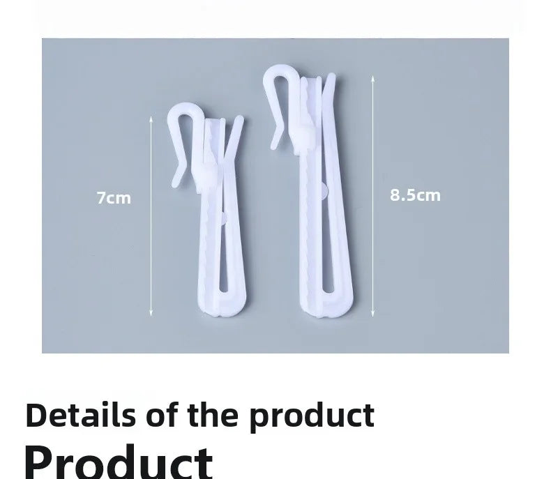Two white adjustable curtain hanging hooks shown with dimensions of 7cm and 8.5cm.