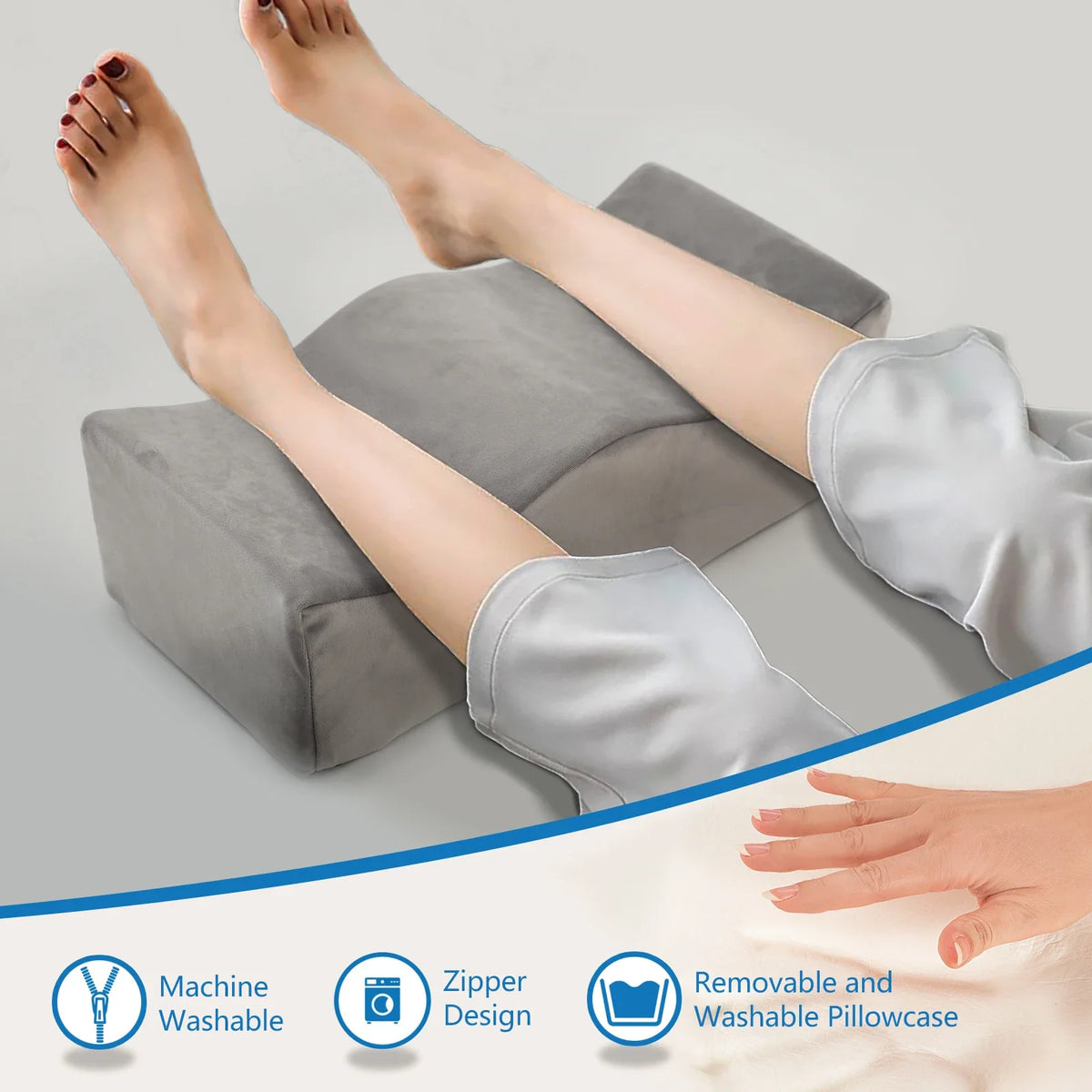 A person is using an ergonomic memory foam leg support pillow for relaxation or therapy.
