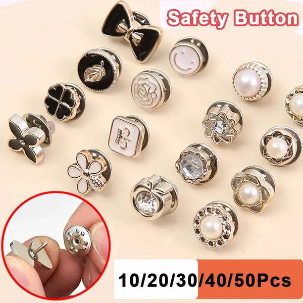A collection of silver and gold instant removable pearl brooch buttons in various sizes and styles.