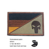 An embroidered patch featuring a dark brown and gold chevron design with a black skull silhouette.