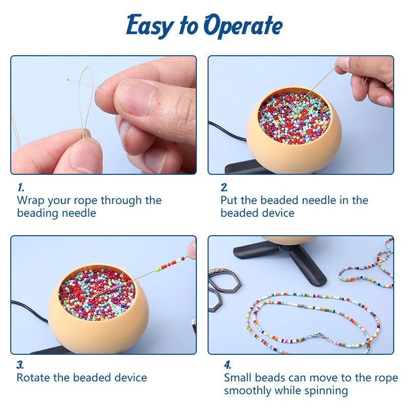 Instructions showing how to use a beaded needle device for DIY jewelry making