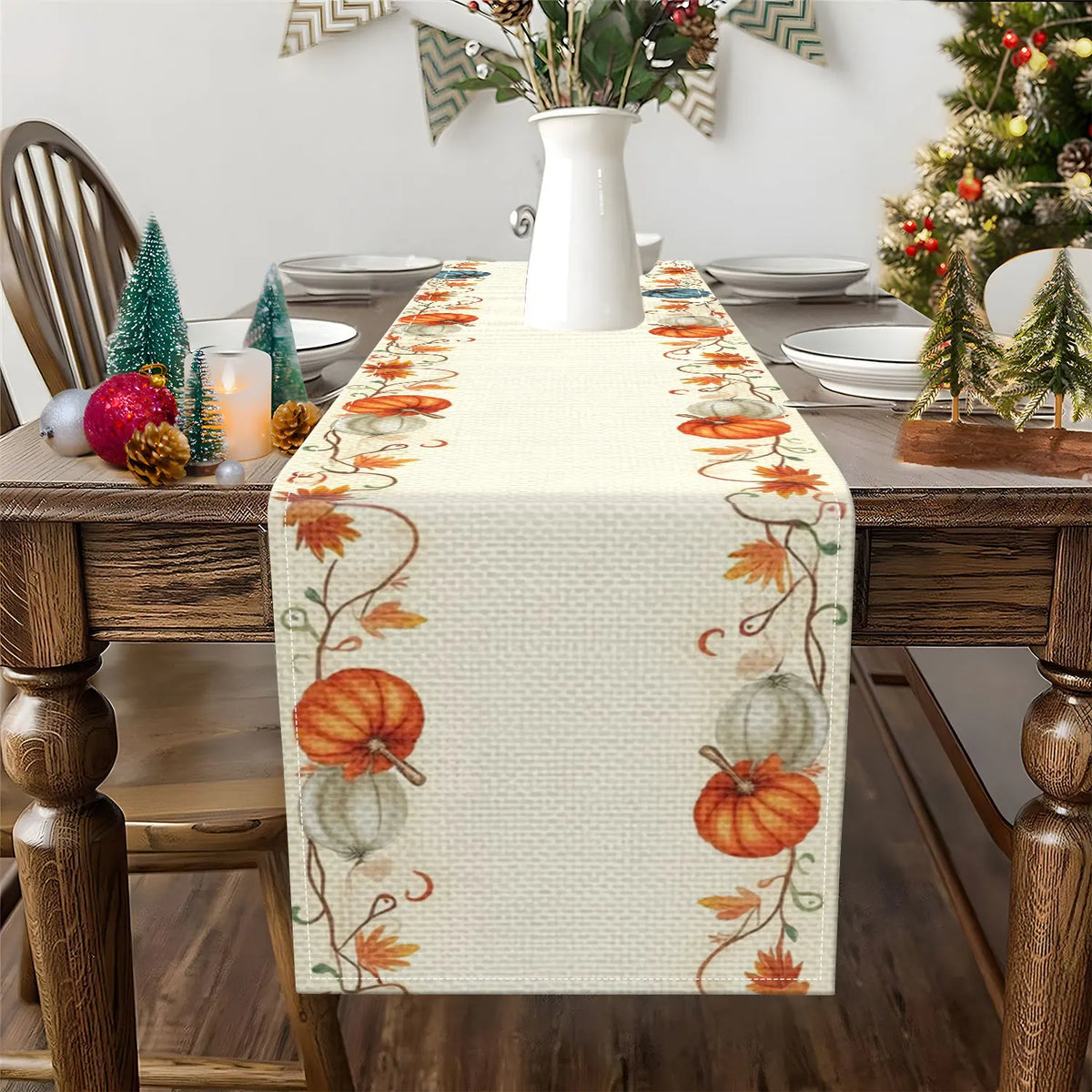 An autumn harvest table runner featuring orange and green foliage patterns on a wooden table.