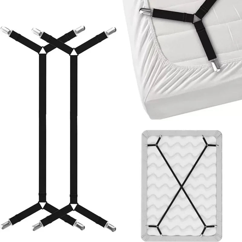 A set of black adjustable crisscross bed sheet clips used for secure holding.