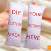 Two white pillows with red text DIY YOUR CUSTOM MADE HERE displayed on a light pink background.
