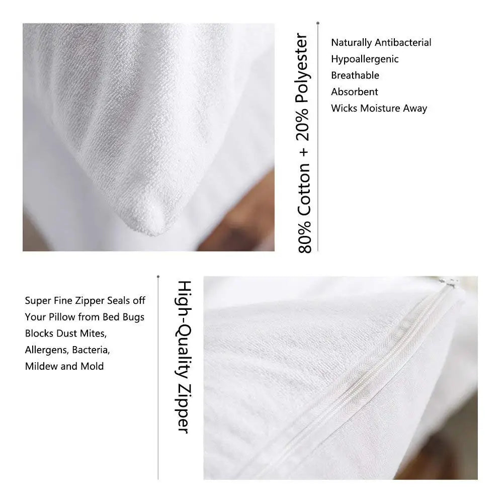 White pillow protector cover showing a high-quality zipper seal for bed bug protection