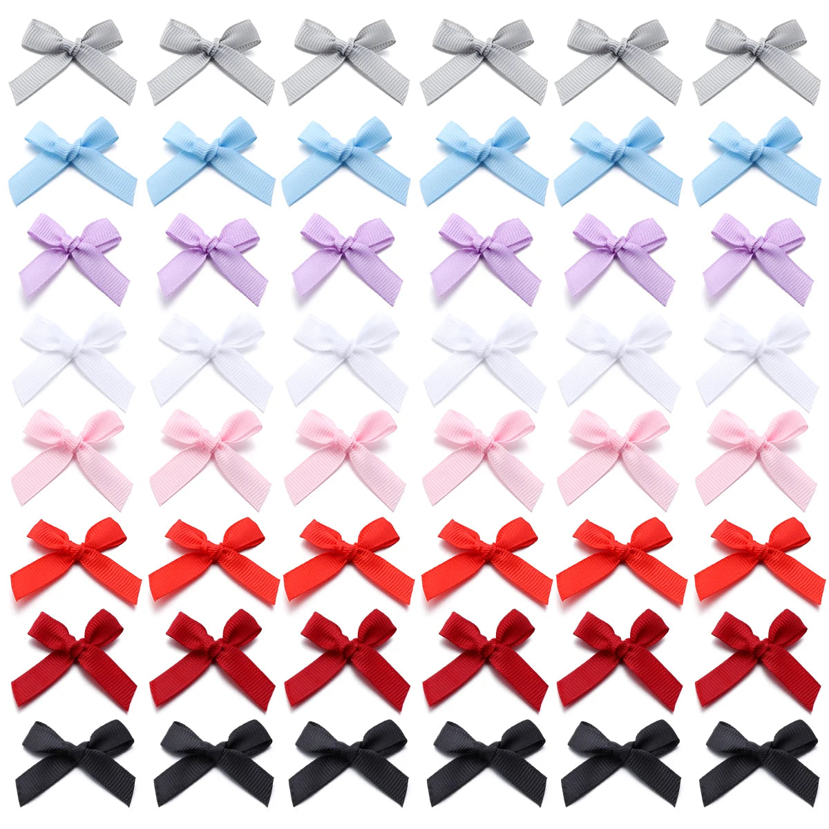 A collection of various satin ribbon bows in different colors and patterns for craft and decoration.
