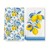 A set of two blue-edged kitchen towels featuring yellow lemons and blue floral patterns on white fabric.