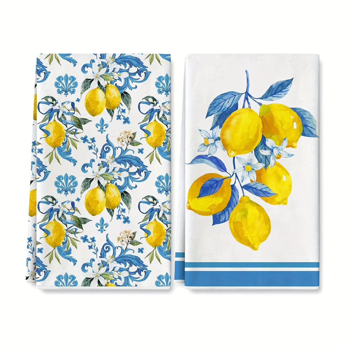 A set of two blue-edged kitchen towels featuring yellow lemons and blue floral patterns on white fabric.