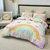 A butterfly and rainbow themed quilt cover set featuring pastel colors on a bed with white pillows.
