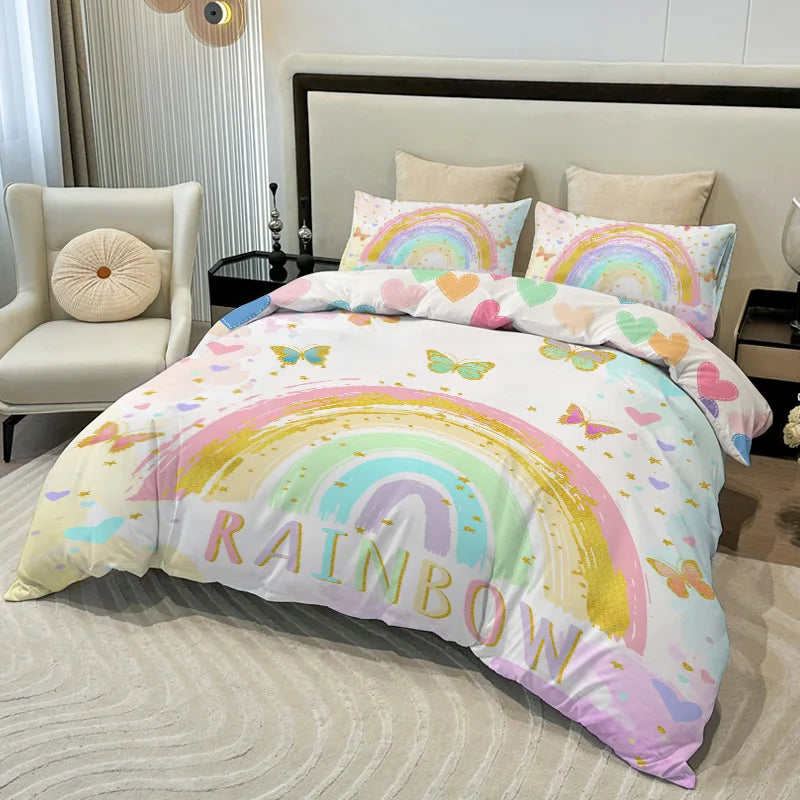 A butterfly and rainbow themed quilt cover set featuring pastel colors on a bed with white pillows.