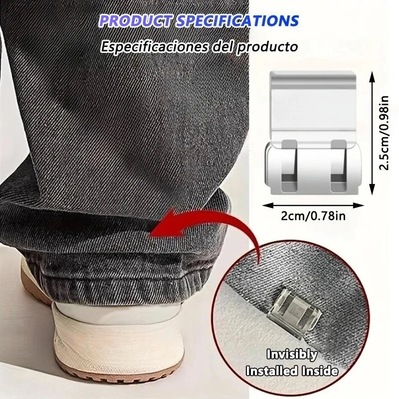 Close-up of a gray denim pant hem with an invisible edge clip installed inside for adjustment.