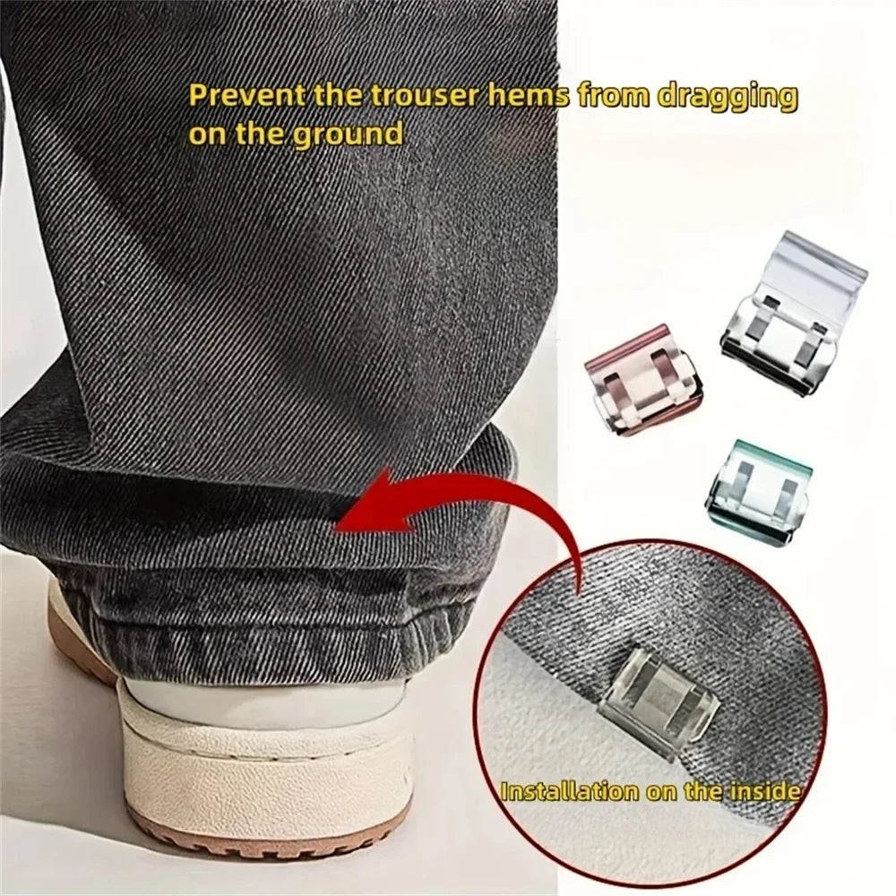 Invisible pant hem clips used to prevent trousers from dragging on the ground, shown with installation detail.