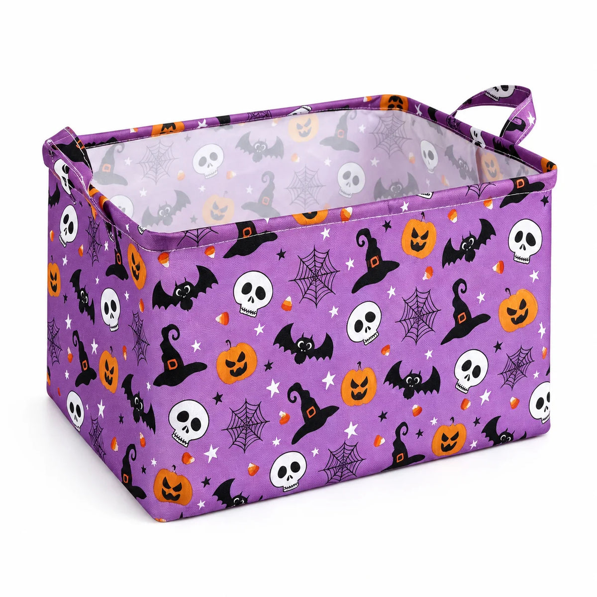 Purple Halloween storage basket with a pattern of bats, skulls, and pumpkins.