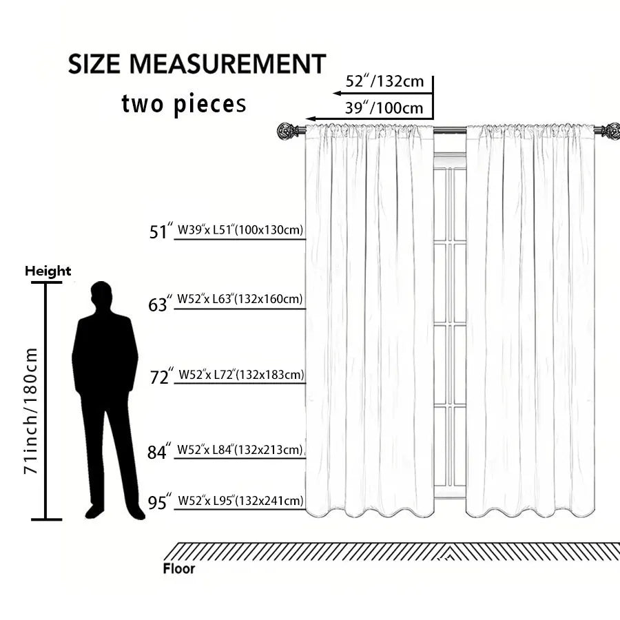 A set of two sheer white curtains shown in a full-length view with measurements for height and width.