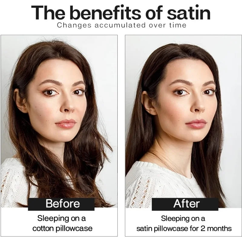 Before and after comparison showing skin changes after sleeping on a satin pillowcase for 2 months