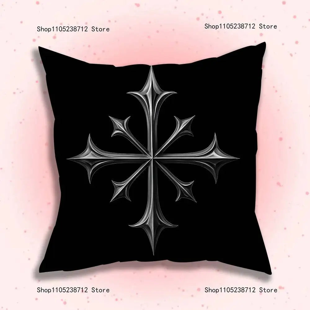 Black throw pillow cover featuring a silver double-sided gothic cyber sigil design.